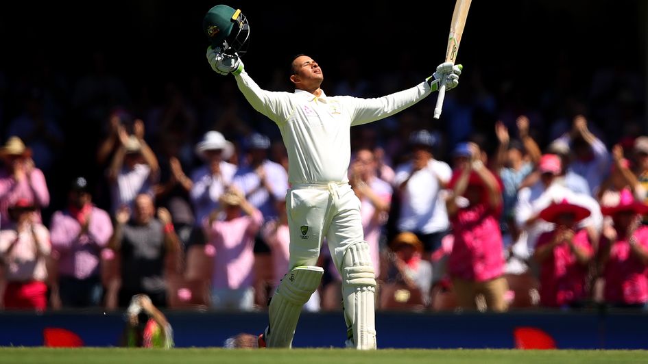 Usman Khawaja celebrates his first Ashes century