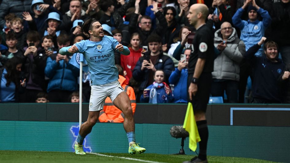 Jack Grealish celebrates his goal against Liverpool