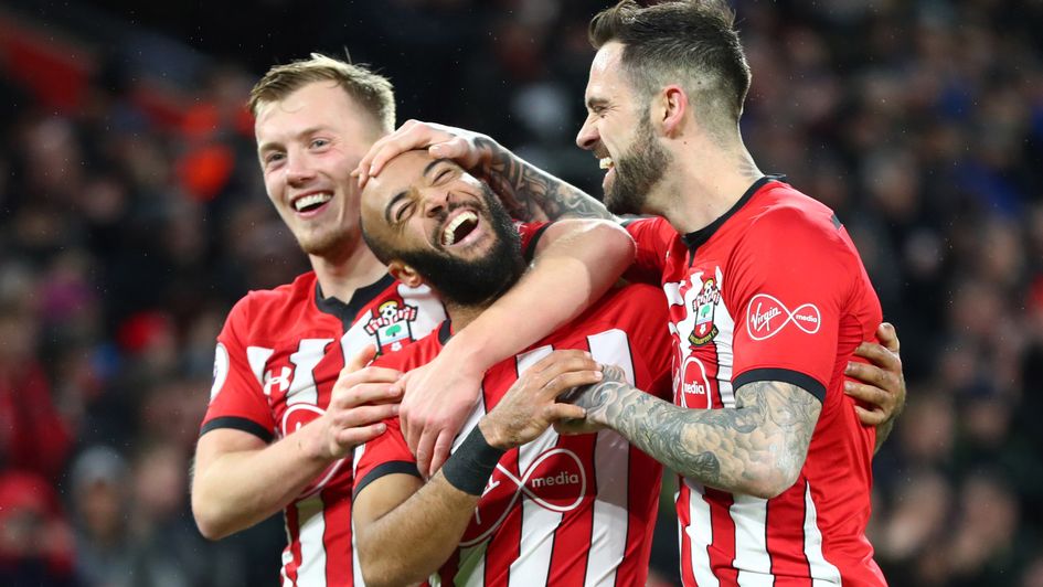 James Ward-Prowse, Nathan Redmond and Danny Ings celebrate a Southampton goal v Everton