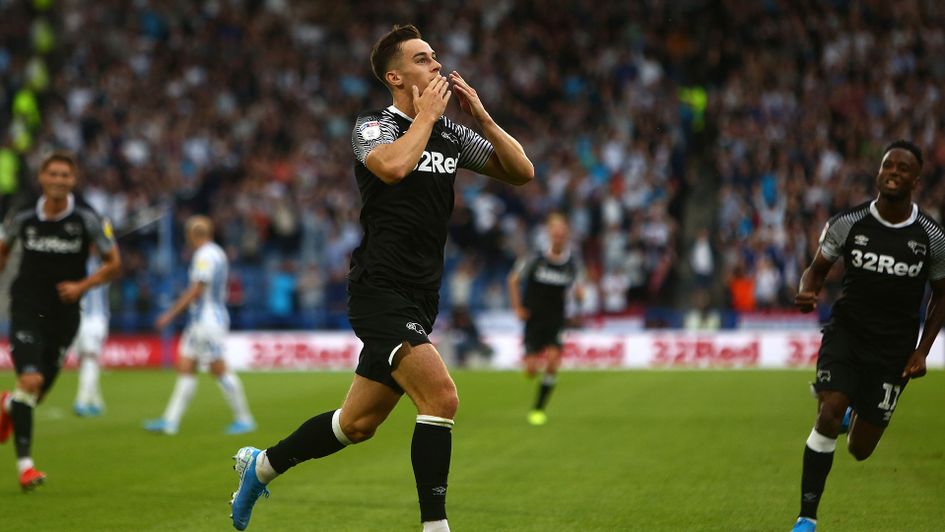 Tom Lawrence celebrates his second goal for Derby against Huddersfield