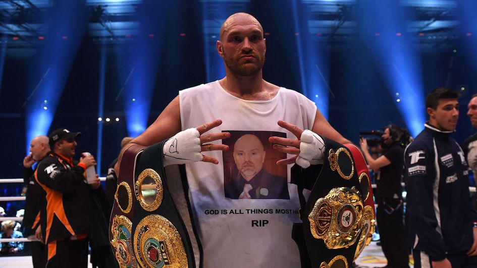 Tyson Fury celebrates his victory over Wladimir Klitschko in 2015