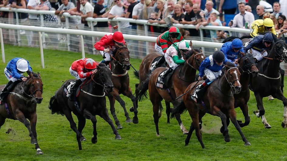 Talaayeb (black cap) pictured winning the Sky Bet City Of York Stakes