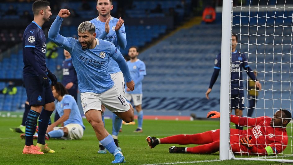 Sergio Aguero celebrates his goal against Marseille