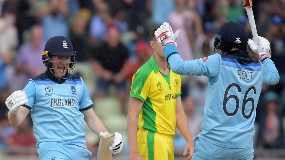 Eoin Morgan and Joe Root celebrate