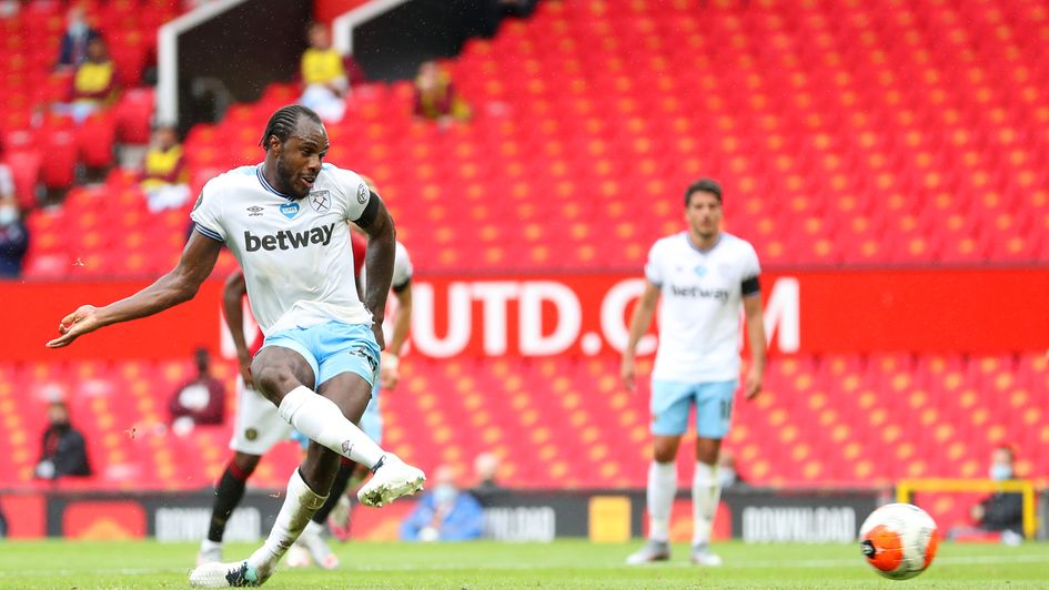 West Ham's Michail Antonio scores a penalty against Manchester United