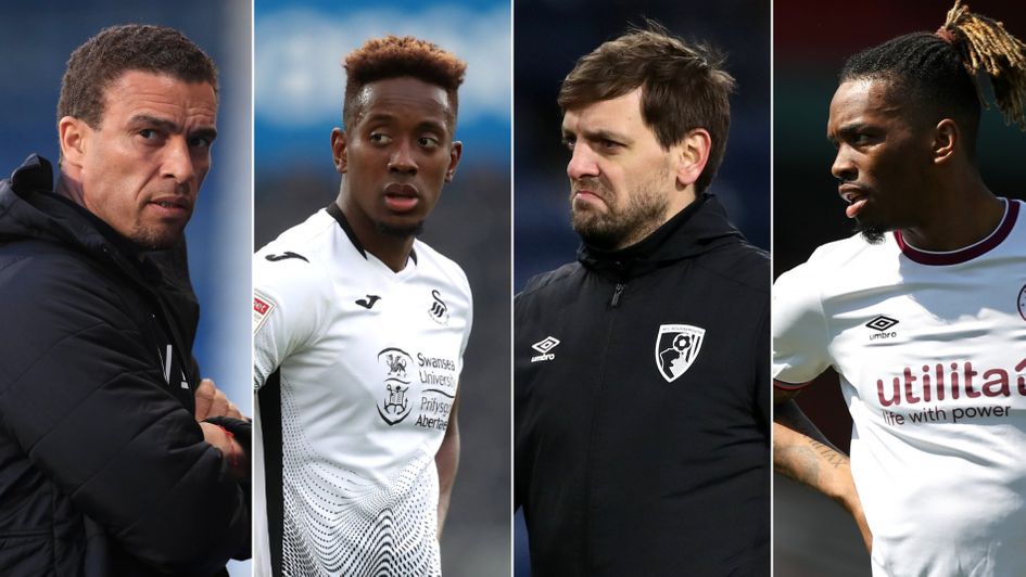 Valerien Ismael's Barnsley, Jamal Lowe of Swansea, Jonathan Woodgate's Bournemouth and Ivan Toney of Brentford (left to right)