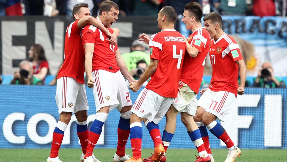 Artem Dzyuba: The 29-year-old celebrates with his Russia team-mates after scoring v Saudi Arabia in the World Cup