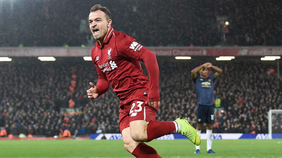 Xherdan Shaqiri scores for Liverpool against Manchester United