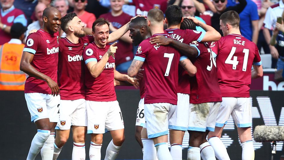 West Ham celebrate after Michael Antonio opened the scoring against Leicester