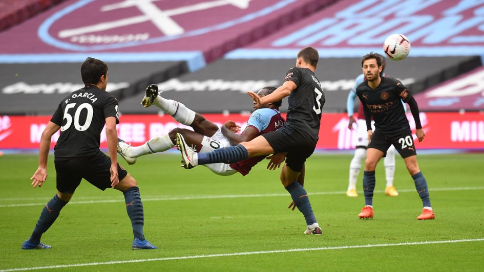 West Ham's Michail Antonio scores an overhead against Man City