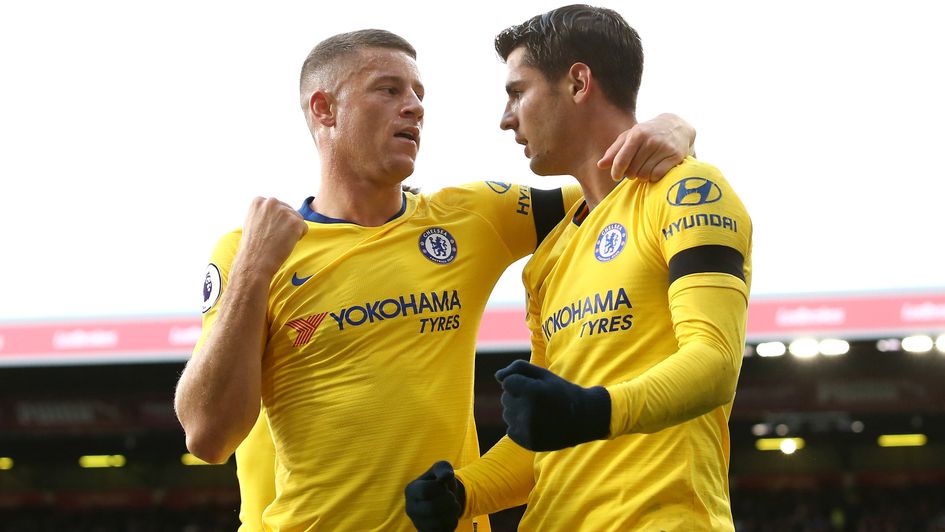 Ross Barkley celebrates Alvaro Morata's (right) goal at Burnley
