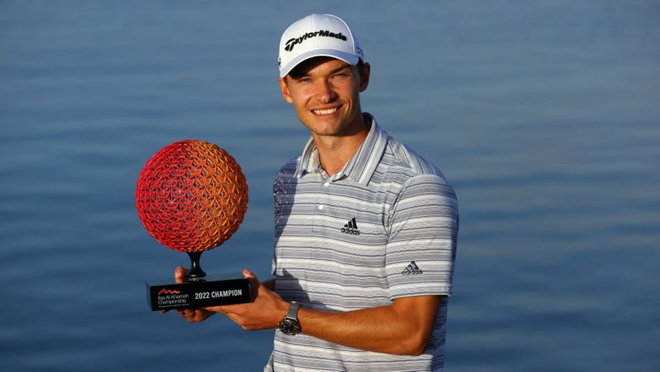 Nicolai Hojgaard celebrates victory at the Ras Al Khaimah Championship