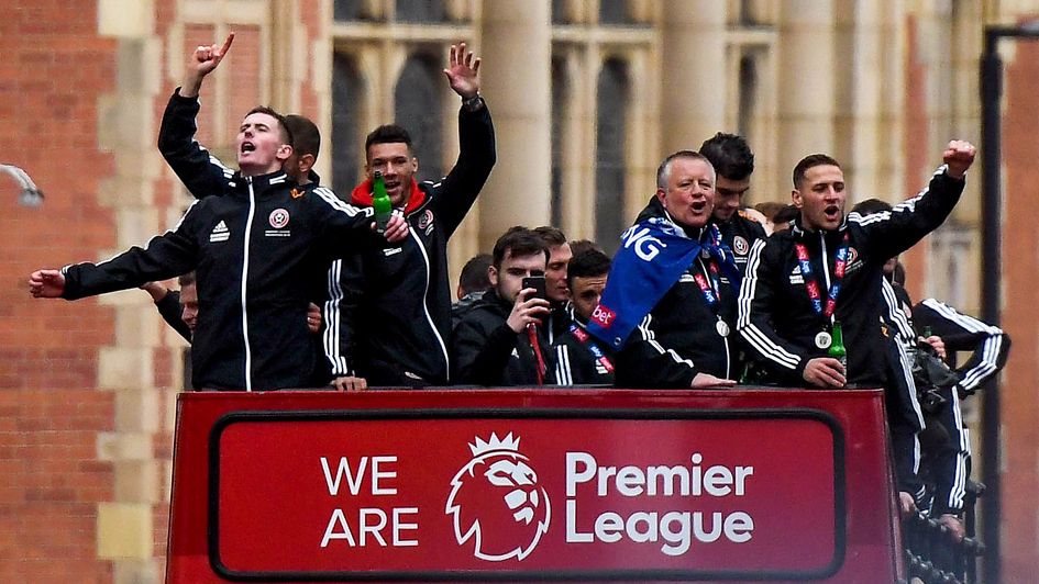 Sheffield United celebrate promotion to the Premier League