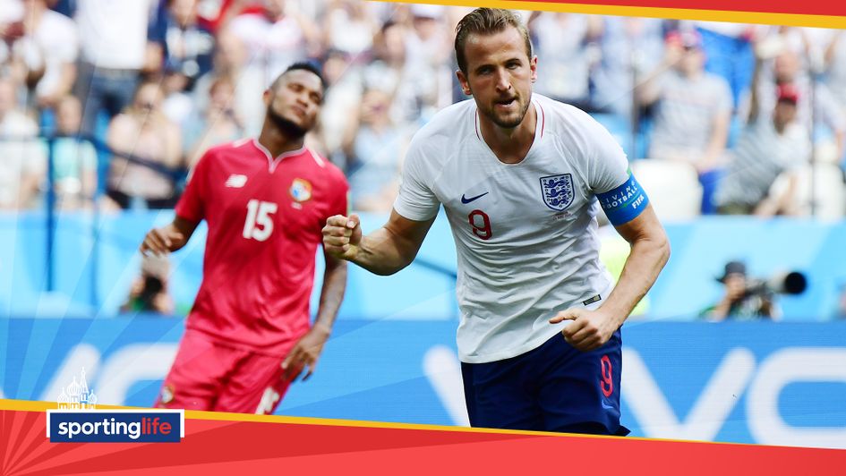 Harry Kane celebrates scoring his second penalty against Panama