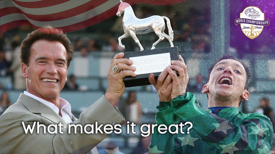 Arnold Schwarzenegger and Frankie Dettori following Raven's Pass's Classic win