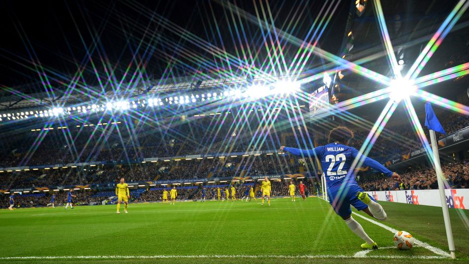Willian takes a corner for Chelsea v BATE Borisov