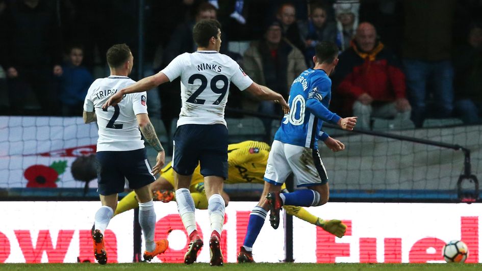Ian Henderson makes it 1-0 for Rochdale against Tottenham