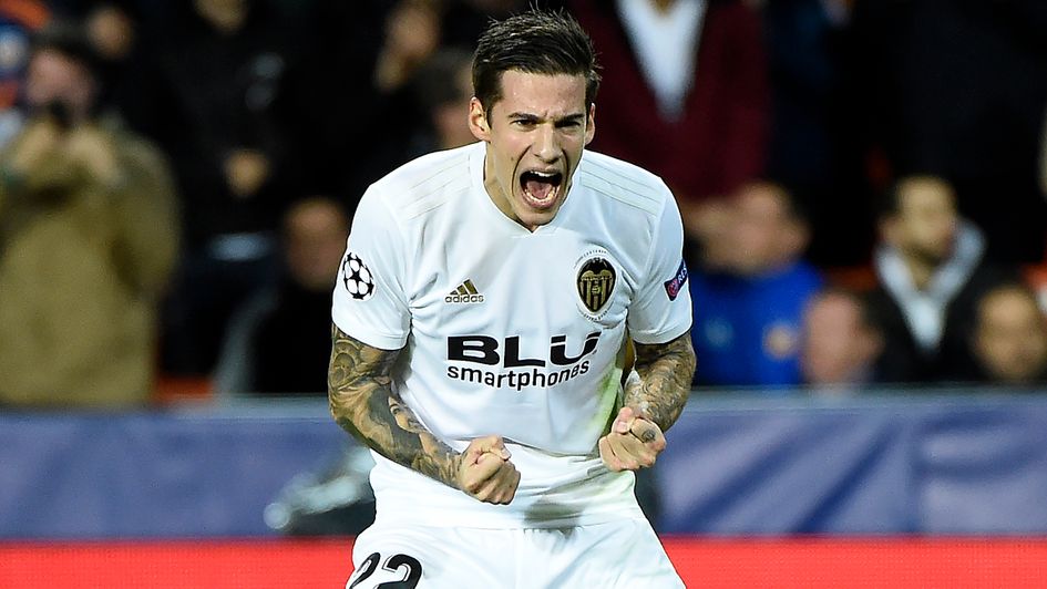 Santi Mina celebrates a goal for Valencia in the Champions League