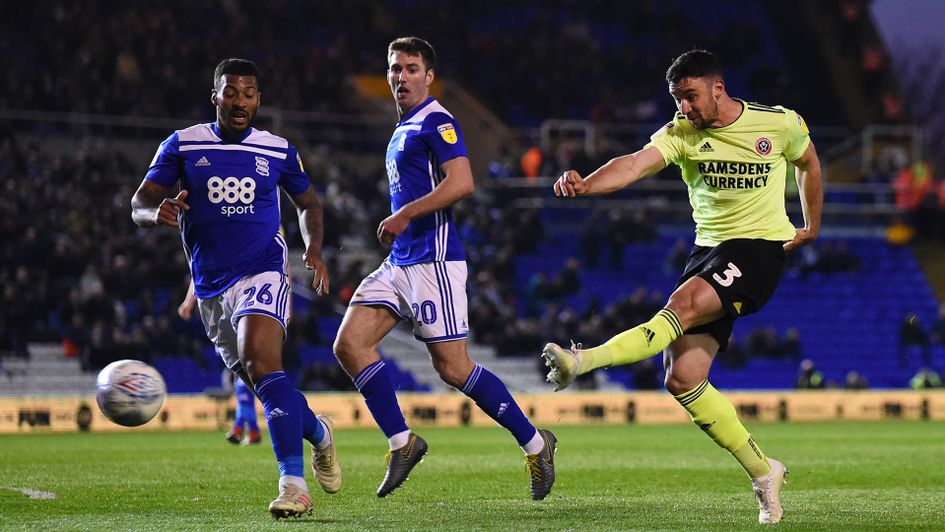 Enda Stevens scores for Sheffield United against Birmingham