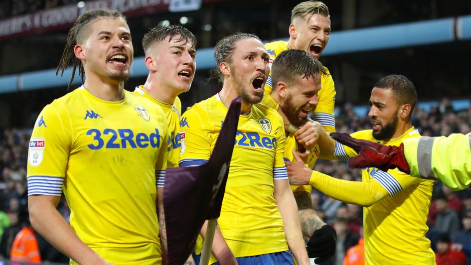 Leeds celebrate Pontus Jansson's goal at Villa Park
