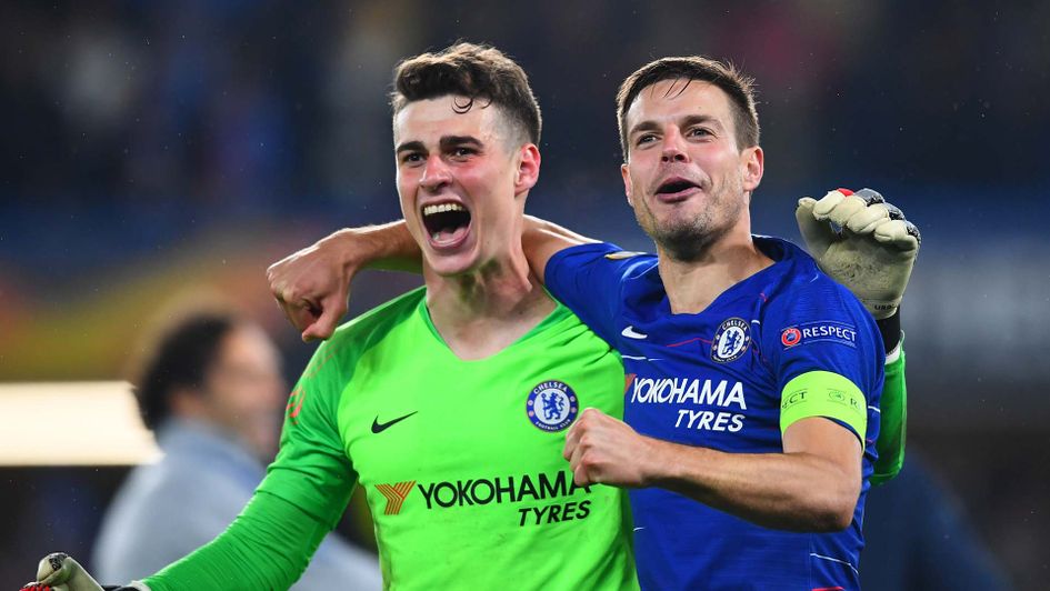 Chelsea goalkeeper Kepa and captain Cesar Azpilicueta celebrate