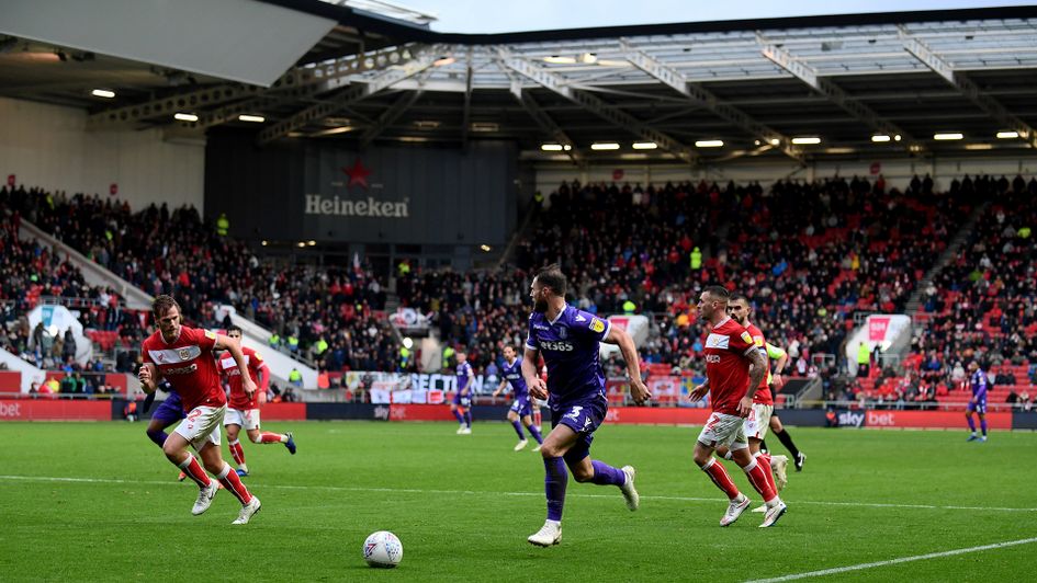 Erik Pieters drives forward for Stoke against Bristol City