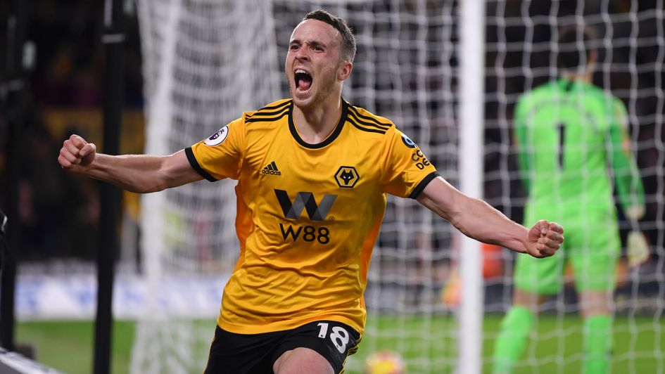 Wolves' Diogo Jota celebrates his goal against Chelsea