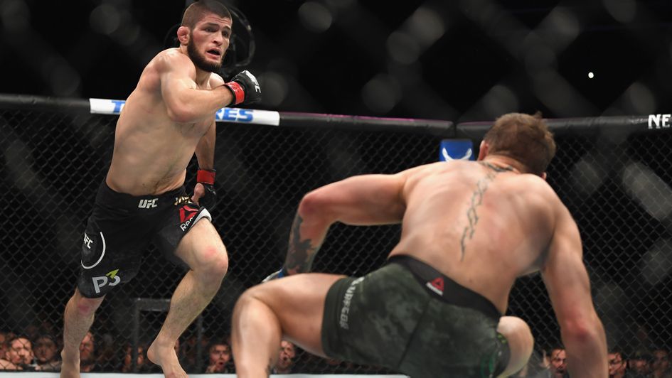 Khabib Nurmagomedov on his way to victory over Conor McGregor