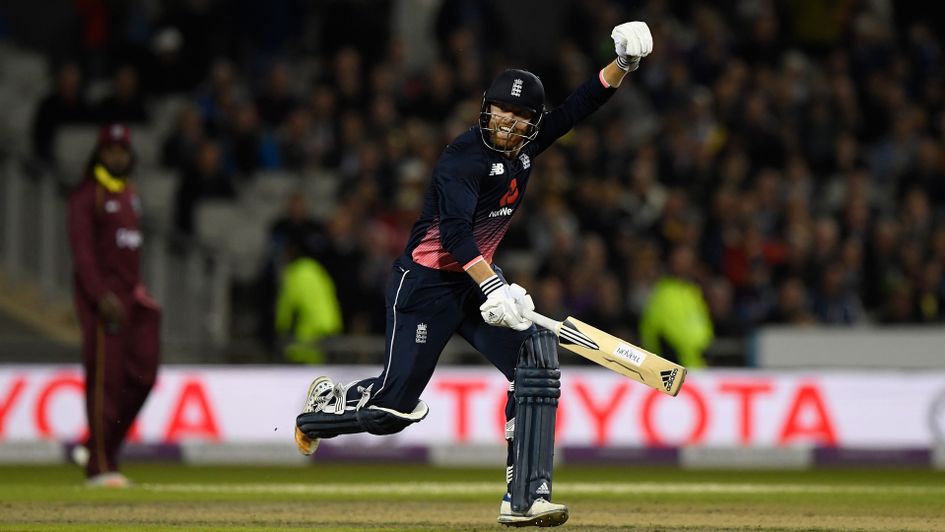 Jonny Bairstow punches the air in delight after his maiden ODI century against West Indies