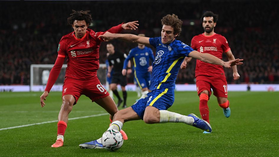 Marcos Alonso battles for possession with Trent Alexander-Arnold