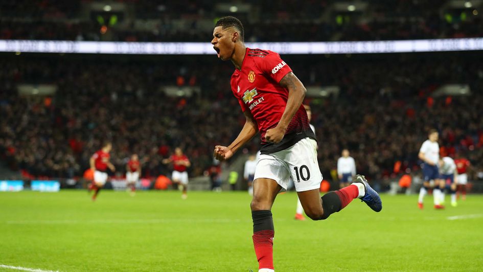 Marcus Rashford celebrates scoring for Manchester United at Tottenham