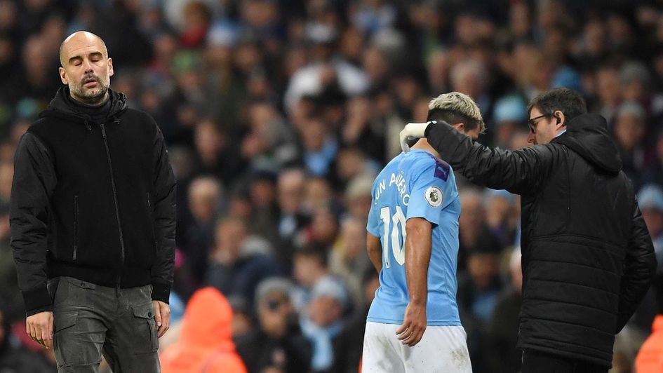 Pep Guardiola reacts to Sergio Aguero going off injured for Manchester City