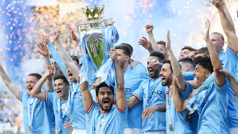 Manchester City lift the Premier League trophy