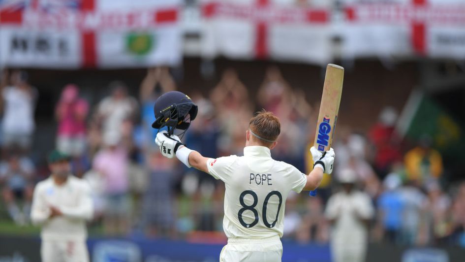 Ollie Pope salutes the crowd in Port Elizabeth