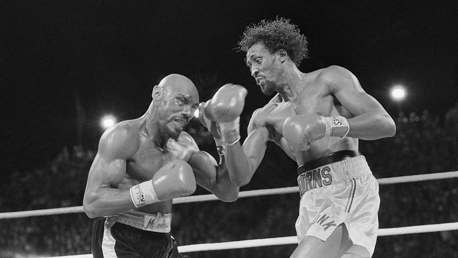 Tommy Hearns lands an uppercut on Marvin Hagler