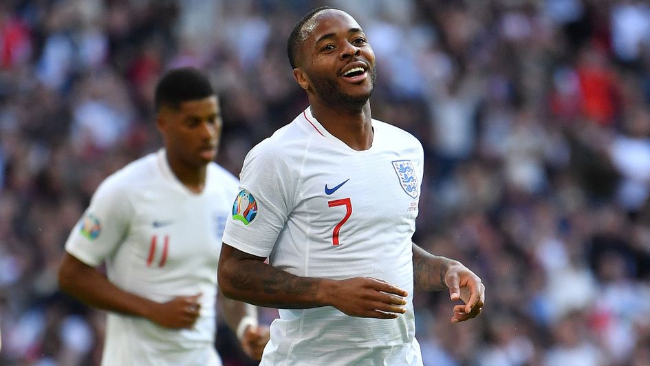 Raheem Sterling celebrates his goal against Bulgaria