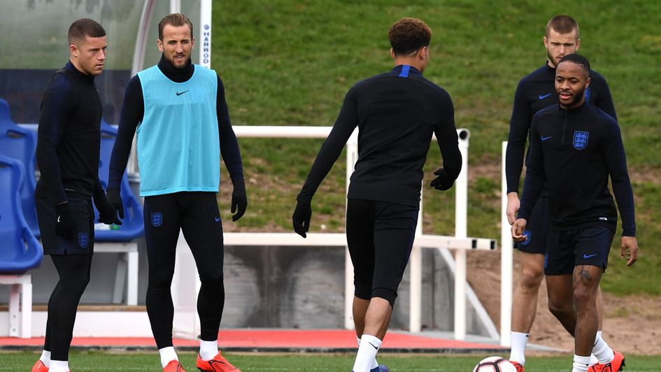 Left to right: Ross Barkley, Harry Kane, Dele Alli, Eric Dier (back) and Raheem Sterling in England training