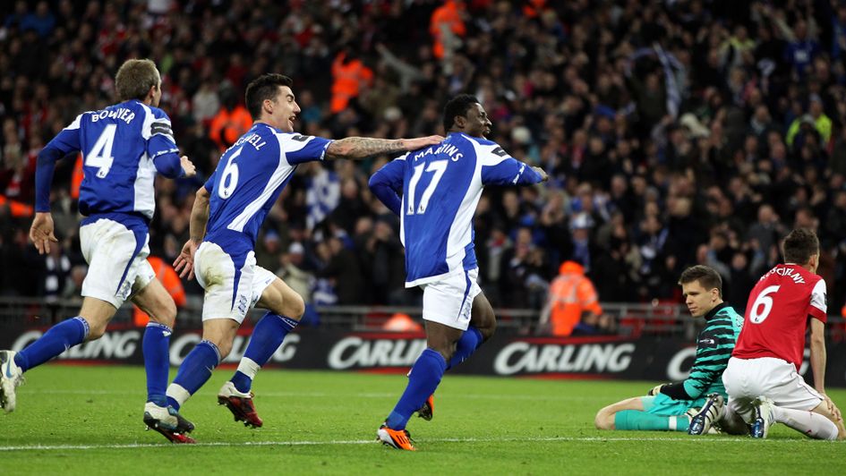 Bimingham City celebrate scoring the winning goal against Arsenal in the Carling Cup Final