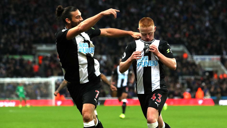 Matty Longstaff celebrates scoring for Newcastle on his debut