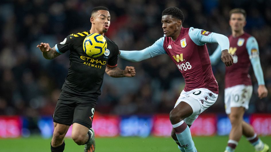 Kortney Hause battles Gabriel Jesus for the ball