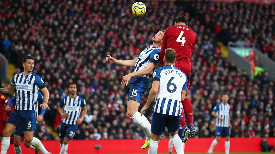 Virgil van Dijk scores a header for Liverpool against Brighton