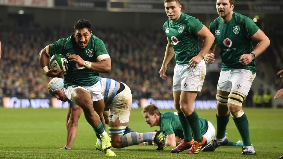 Ireland's Bundee Aki scores a try v Argentina