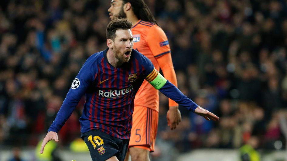 Lionel Messi: The Barcelona ace celebrates his double against Lyon in the Champions League