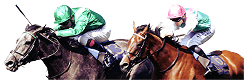 Image of a jockey in a green silk riding a brown horse and a jockey in a green and white silk riding a chestnut horse.